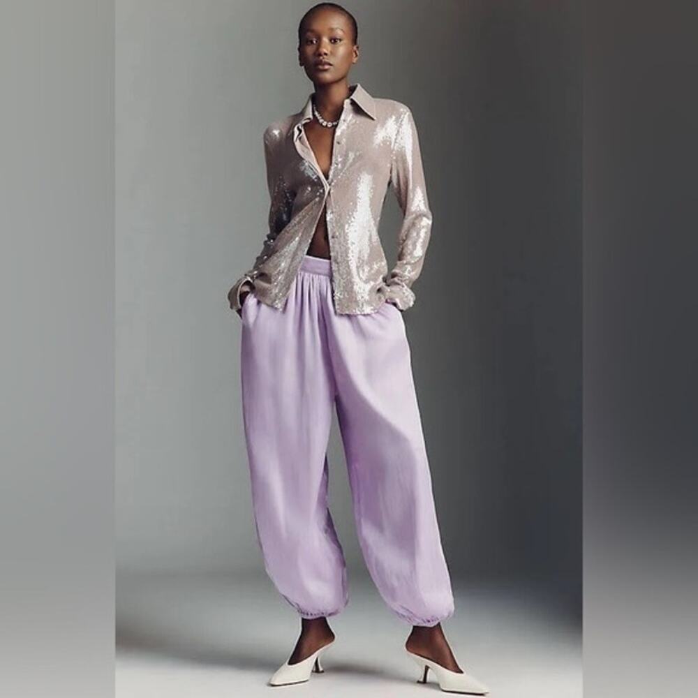 NWT Maeve Anthropologie Lavender Shimmer Balloon Harem Pants Wide Leg